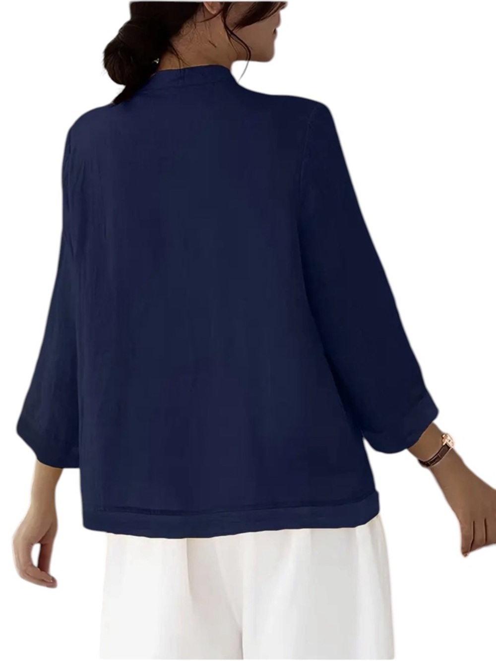 Navy Mandarin Collar Button-Front Women’s Blouse - Picture 2 of 4